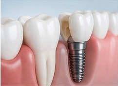Dental implant model showing titanium post and ceramic crown at Dr. Sawai's Clinic Dehradun